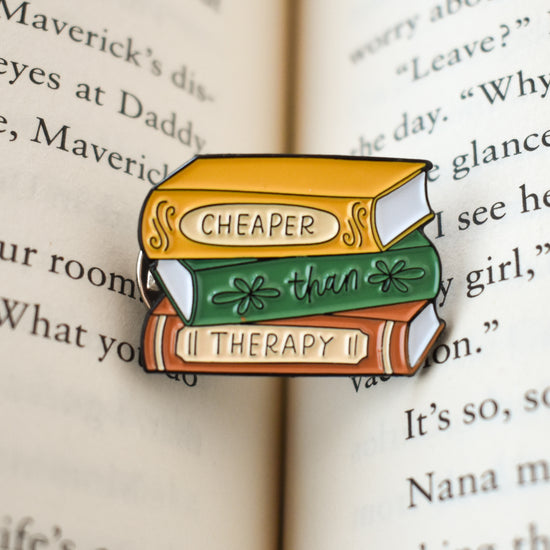 Cheaper Than Therapy Book Stack Pin