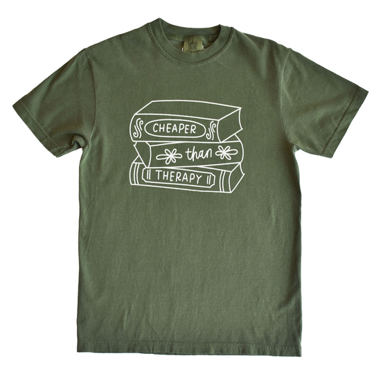 Cheaper Than Therapy Book Stack Tee (Olive)