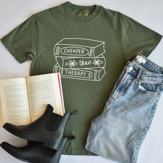 Cheaper Than Therapy Book Stack Tee (Olive)