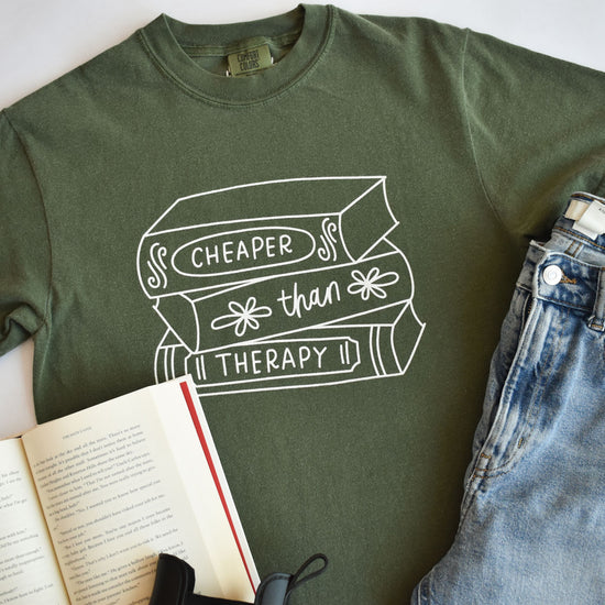 Cheaper Than Therapy Book Stack Tee (Olive)