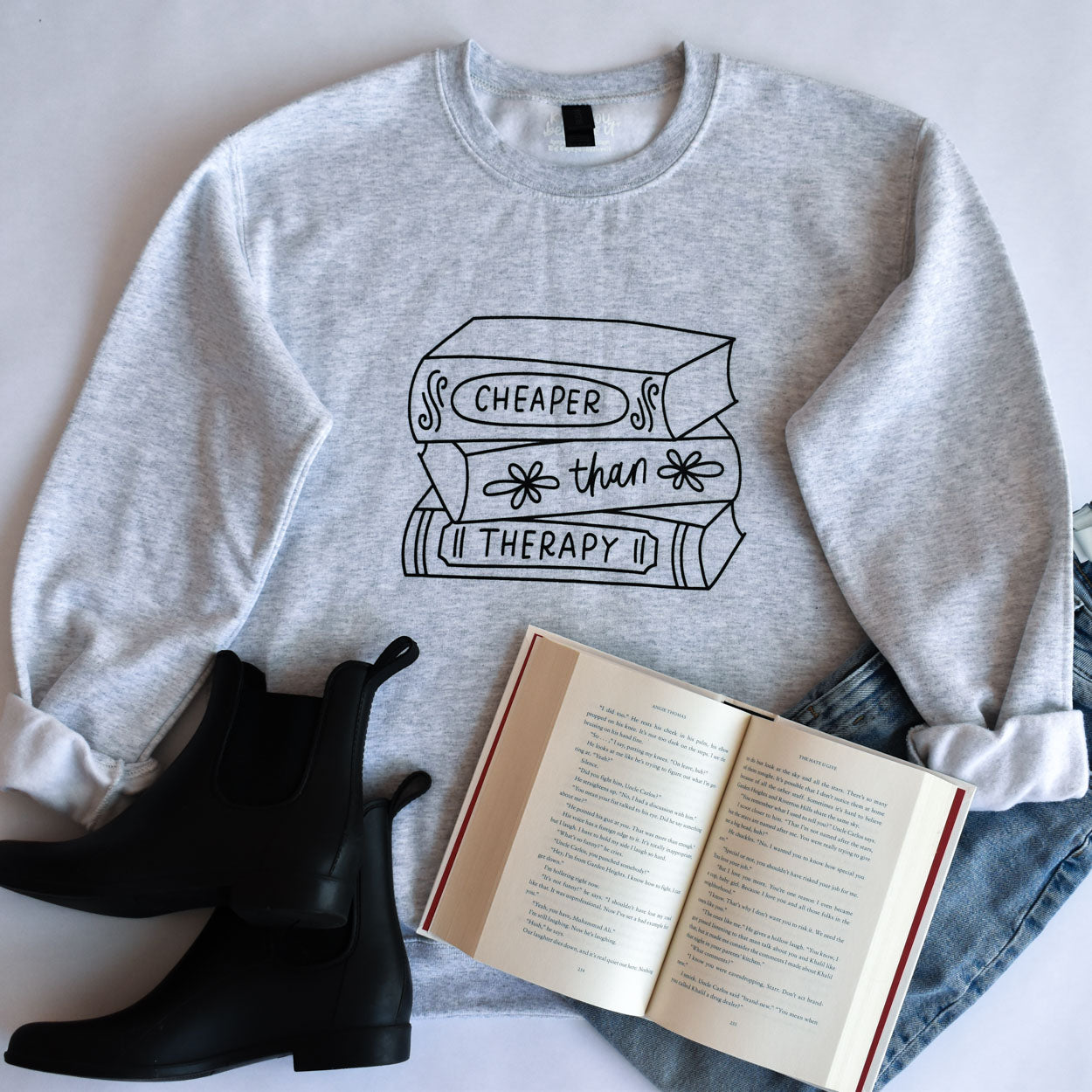 Cheaper Than Therapy Book Stack Sweatshirt (Gray)